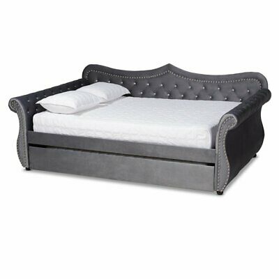 Baxton Studio Abbie Gray Velvet Crystal Tufted Queen Size Daybed with Trundle 1