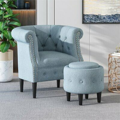 Noble House Beihoffer Petite Tufted Fabric Chair and Ottoman Set in Light Blue