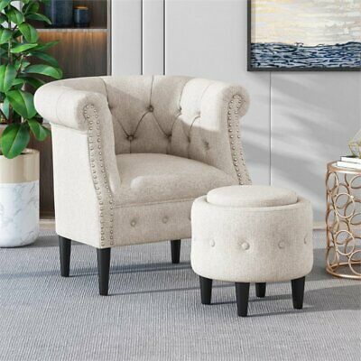 Noble House Beihoffer Petite Tufted Fabric Chair and Ottoman Set in Beige