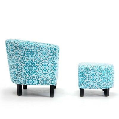 Modern Curved Back Home Armrest Accent Chair Floral Print with Ottoman, Blue 3