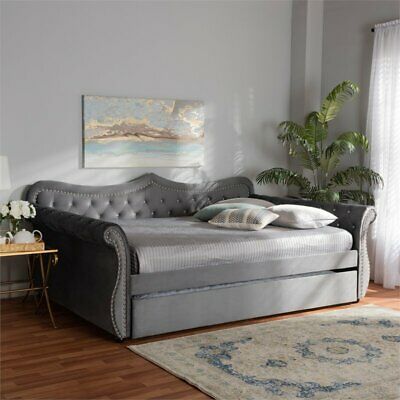 Baxton Studio Abbie Gray Velvet Crystal Tufted Queen Size Daybed with Trundle