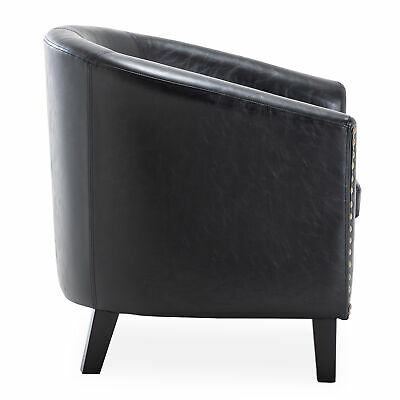 Modern Tub Barrel Accent Chair Faux Leather Nailhead, Black 4