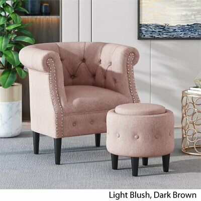 Noble House Beihoffer Petite Tufted Fabric Chair and Ottoman Set in Light Blush 3