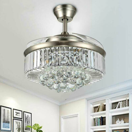 42" Invisible Ceiling Fan Light Crystal Chandelier Pendant Lamp w/Remote - Silver 3
