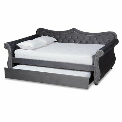 Baxton Studio Abbie Gray Velvet Crystal Tufted Queen Size Daybed with Trundle 2