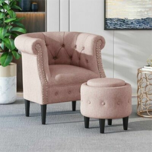 Noble House Beihoffer Petite Tufted Fabric Chair and Ottoman Set in Light Blush