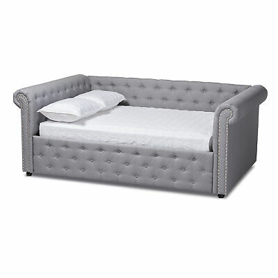 Mabelle Modern Button-Tufted Gray Fabric Rolled Arms Sofa Daybed Bed Frame 2