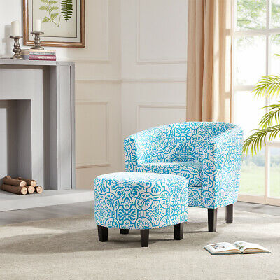 Modern Curved Back Home Armrest Accent Chair Floral Print with Ottoman, Blue