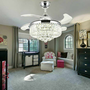 42" Invisible Ceiling Fan Light Crystal Chandelier Pendant Lamp w/Remote - Silver