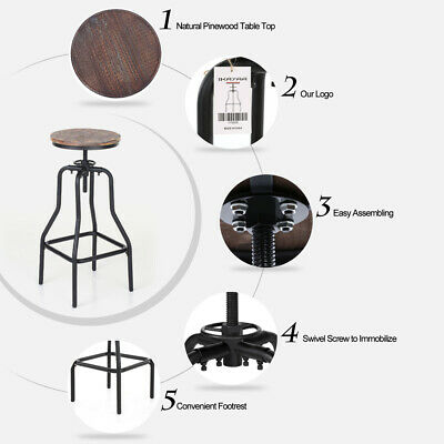 2Pcs Industrial Metal Bar Stool Adjust Height Swivel Kitchen Dining Chair W3X8 5