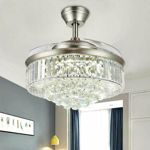 42" Invisible Ceiling Fan Light Crystal Chandelier Pendant Lamp w/Remote - Silver 9