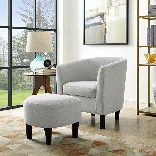 Accent Chair Tufted Back Fabric Upholstered Arm Chair w/ Ottoman + Wood Leg