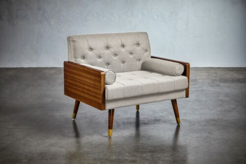 Greta Mid-Century Modern Button Tufted Fabric Club Chair with Gold-Tipped Legs