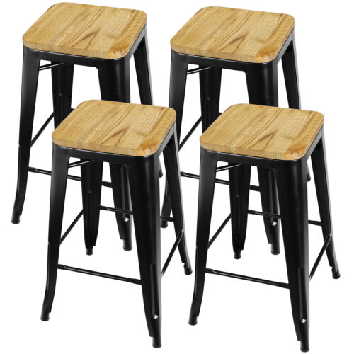 Set of 4 Metal Counter Bar Stools Pub Industrial 26" Height w/ Wood Seat 330LB 2