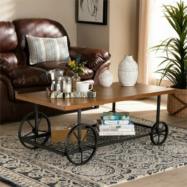 Baxton Studio Brown Finished Wood and Black Finished Metal Wheeled Coffee Table 6