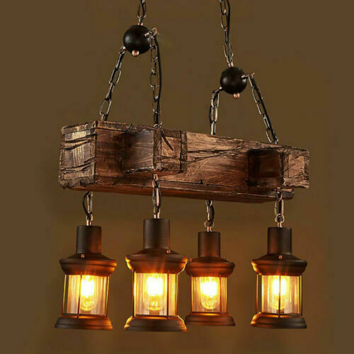 Rustic Wood 4 Heads Chandelier Industrial Ceiling Lamp Pendant Light 3