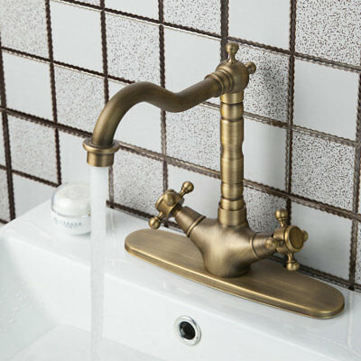 Antique Brass Swivel 2 Lever + Deck Plate Bathroom Faucet 12