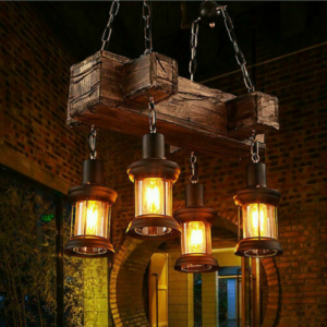 Rustic Wood 4 Heads Chandelier Industrial Ceiling Lamp Pendant Light