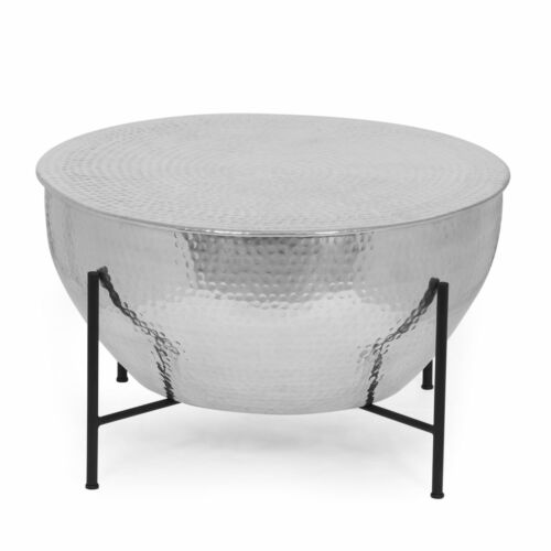 Pishkin Modern Handcrafted Aluminum Drum Coffee Table with Stand, Silver and Black
