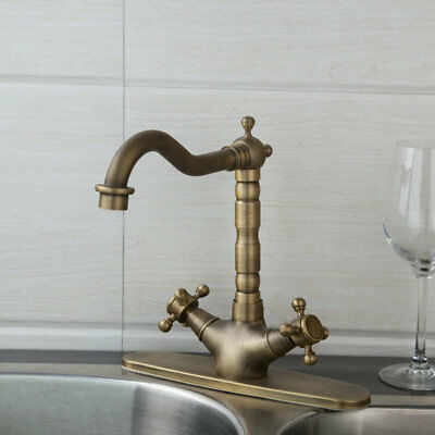 Antique Brass Swivel 2 Lever + Deck Plate Bathroom Faucet 11