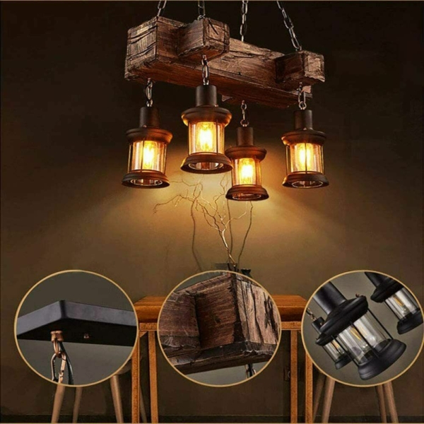 Rustic Wood 4 Heads Chandelier Industrial Ceiling Lamp Pendant Light 4