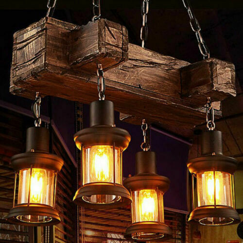 Rustic Wood 4 Heads Chandelier Industrial Ceiling Lamp Pendant Light 9