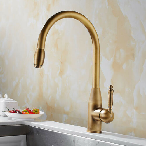 Antique Brass Kitchen Sink Faucet Swivel & Pull Down Spout - 1 Handle 3