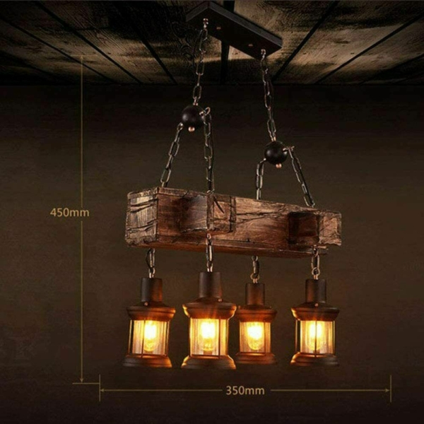 Rustic Wood 4 Heads Chandelier Industrial Ceiling Lamp Pendant Light 5
