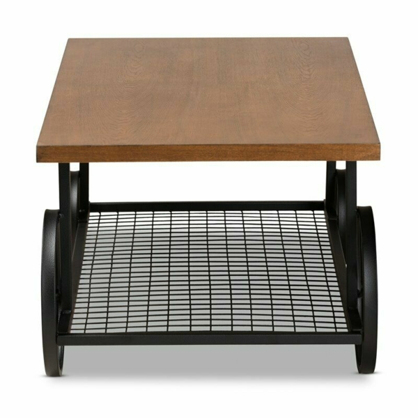 Baxton Studio Brown Finished Wood and Black Finished Metal Wheeled Coffee Table 3