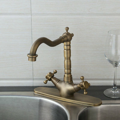 Antique Brass Swivel 2 Lever + Deck Plate Bathroom Faucet 10