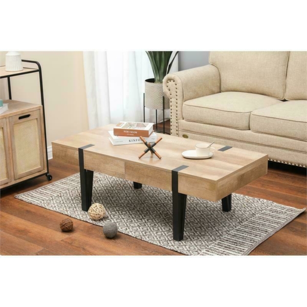 LuxenHome White Oak Wood Finish Coffee Table with Storage 2