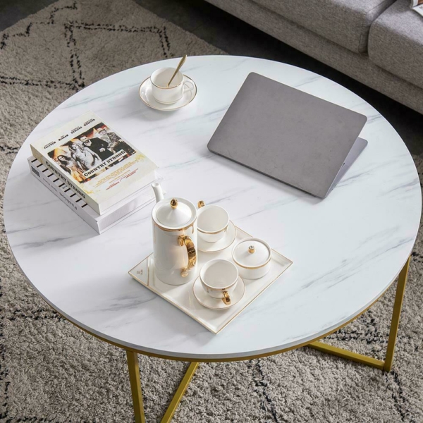 Modern Marble Simple MDF Metal Round Coffee Table Home Furniture White New 7