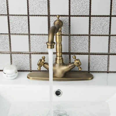Antique Brass Swivel 2 Lever + Deck Plate Bathroom Faucet