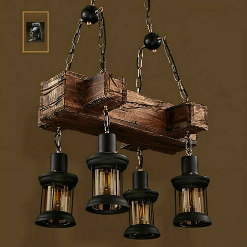 Rustic Wood 4 Heads Chandelier Industrial Ceiling Lamp Pendant Light 2
