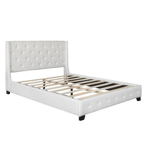Diamond Queen Size Upholstered Bed Frames With Headboard Wooden Platform Bed Gray/Beige 6