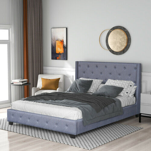 Diamond Queen Size Upholstered Bed Frames With Headboard Wooden Platform Bed Gray/Beige 12