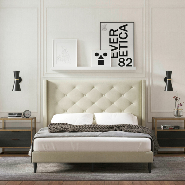 Huppe Upholstered Platform Bed Frame with Button Tufted MCM Wingback Headboard 2