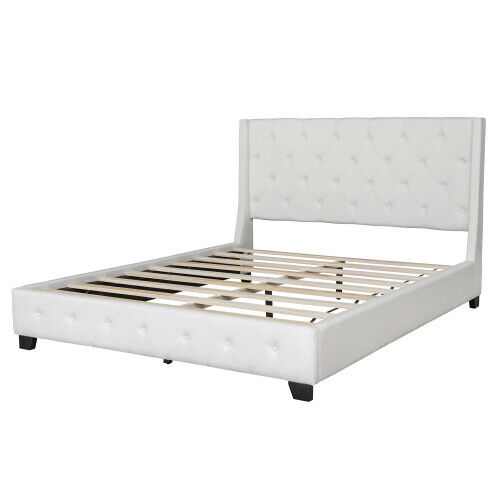 Diamond Queen Size Upholstered Bed Frames With Headboard Wooden Platform Bed Gray/Beige 4