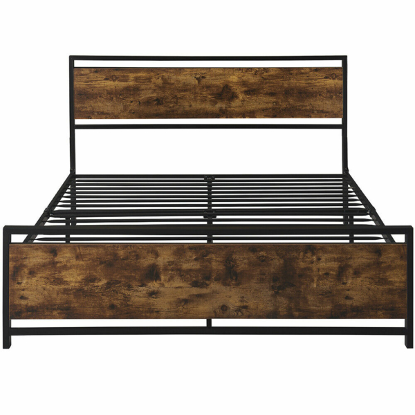 Rustic Farmhouse Metal Platform Bed Frame Wooden Headboard & Footboard Full/Queen Size 3