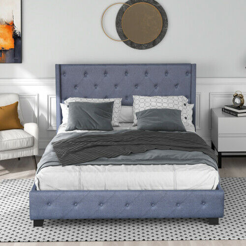 Diamond Queen Size Upholstered Bed Frames With Headboard Wooden Platform Bed Gray/Beige 11