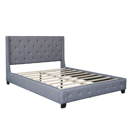 Diamond Queen Size Upholstered Bed Frames With Headboard Wooden Platform Bed Gray/Beige 10