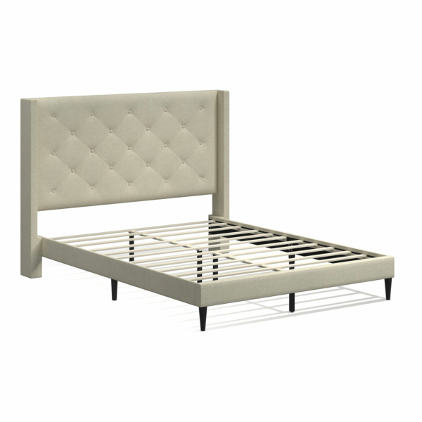 Huppe Upholstered Platform Bed Frame with Button Tufted MCM Wingback Headboard 5