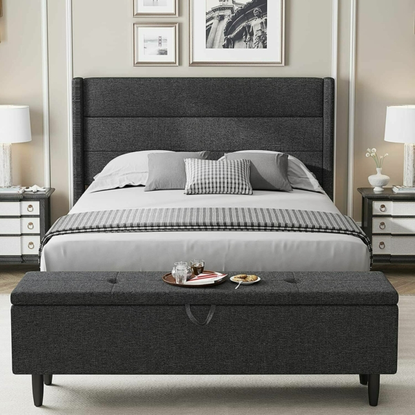 Platform Bed Frame With Headboard Queen Size Upholstered Beds Wood Frames Grey