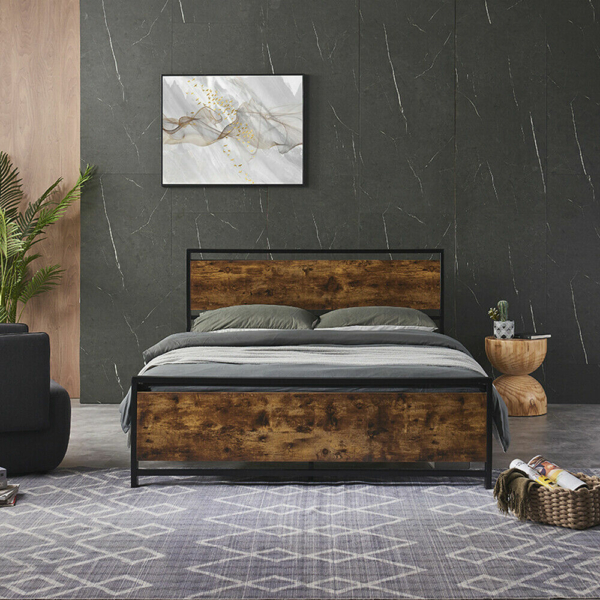 Rustic Farmhouse Metal Platform Bed Frame Wooden Headboard & Footboard Full/Queen Size 2