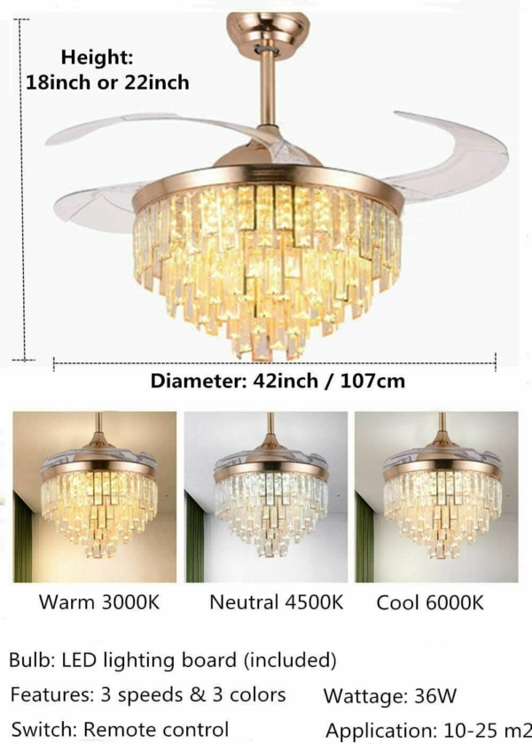Crystal Retractable Ceiling Fan with Light LED Dimmable Chandelier Fixture 2