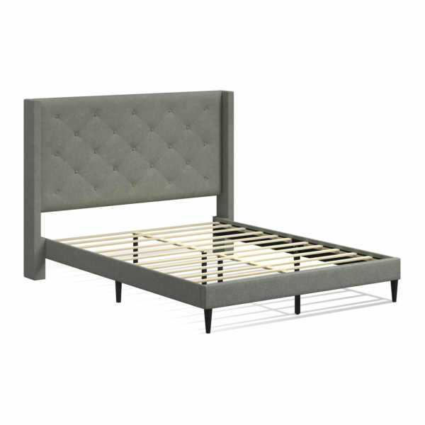 Huppe Upholstered Platform Bed Frame with Button Tufted MCM Wingback Headboard 4