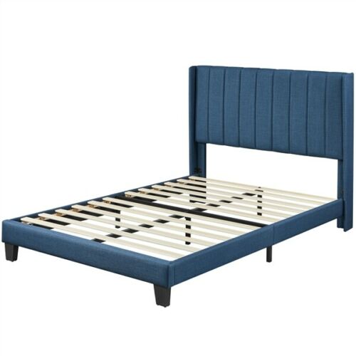 Shasta Navy Blue Queen Size Upholstered Bed Frame Mattress Foundation with Wingback Headboard 1