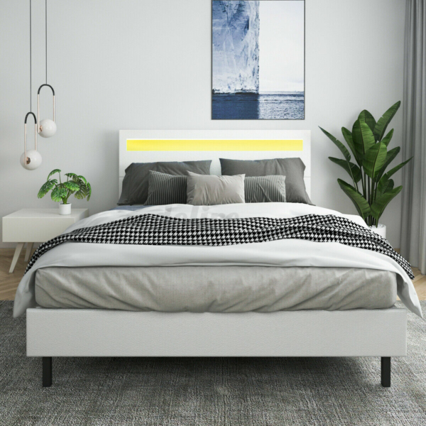 Minimalist Platform Bed Frame With Led Headboard Queen Size Upholstered Beds Wood 3