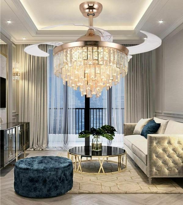Crystal Retractable Ceiling Fan with Light LED Dimmable Chandelier Fixture