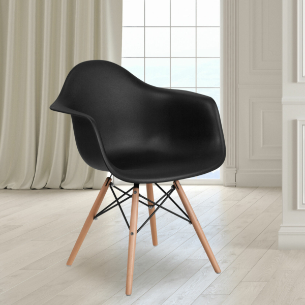 Black Plastic Chair with Arms and Wooden Legs - Accent & Side Chair